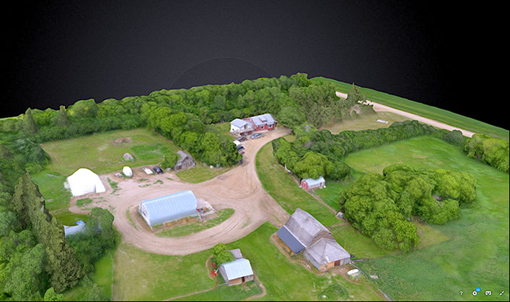 3D (Three Dimensional) Virtural Reality drone map of a farm yard